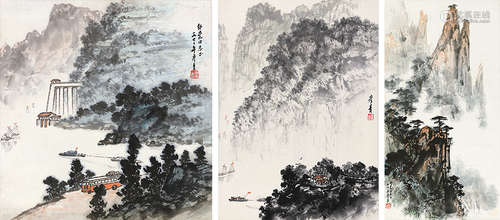 张彦青（1917～2007） 山水 （三帧） 立轴 设色纸本