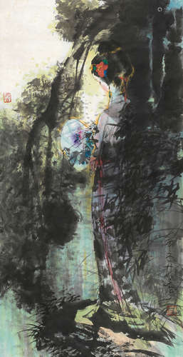 林墉（b.1942） 竹影仕女 镜片 设色纸本