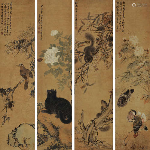 陈崇光（1838～1896） 花鸟走兽四屏 立轴 水墨绢本