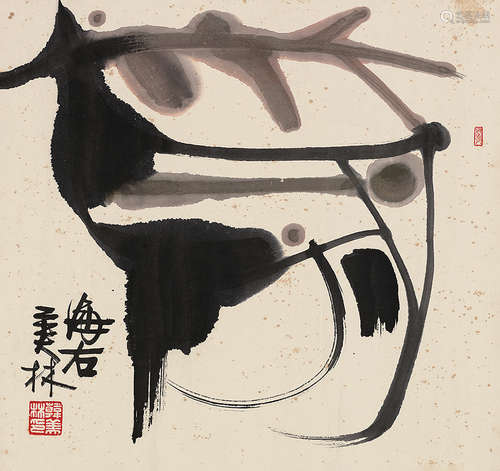 韩美林（b.1936） 鹿 镜片 设色纸本