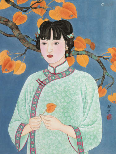 余晓星（b.1957） 红叶少女 镜片 设色纸本