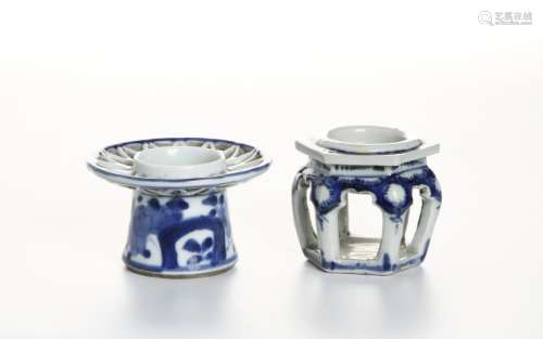 Two Chinese Blue and White Candle Holders