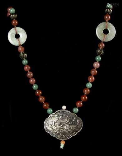 Chinese Silver Agate Jade Necklace