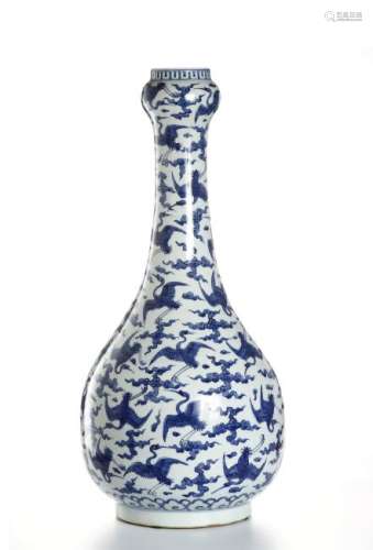 Massive Blue/White Hundred Cranes Garlic-Head Vase
