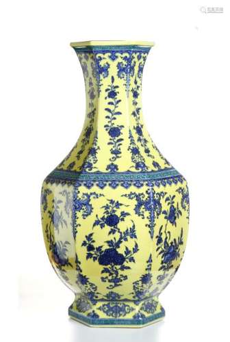 Yellow-Ground Underglazed-Blue Hexagonal Vase