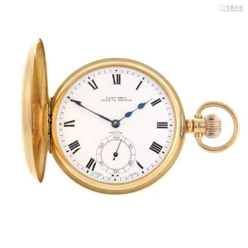 A half hunter pocket watch by Recta. 18ct yellow gold