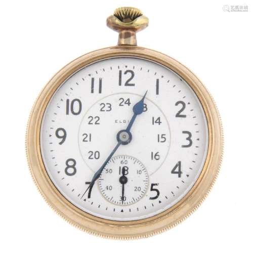 An open face railway grade pocket watch by Elgin. Gold