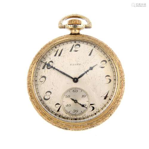 An open face pocket watch by Elgin. Gold plated case.