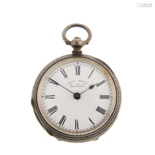 An open face pocket watch by F.Ryley. White metal case,