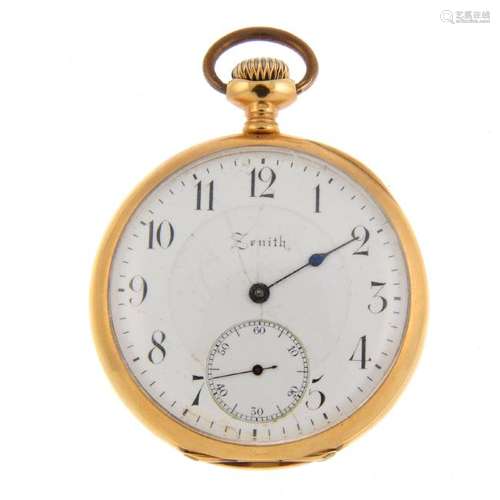 An open face pocket watch by Zenith. Yellow metal case,