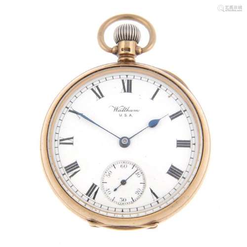 An open face pocket watch by Waltham. 9ct yellow gold