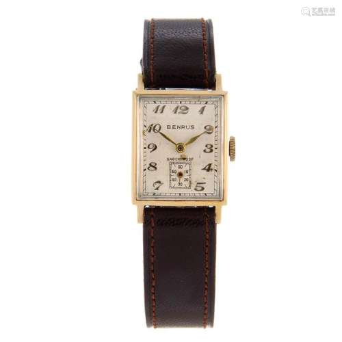 BENRUS - a wrist watch. Yellow metal case, stamped 14K