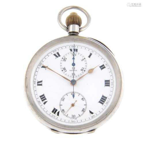 An open face chronograph pocket watch by Omega. Silver