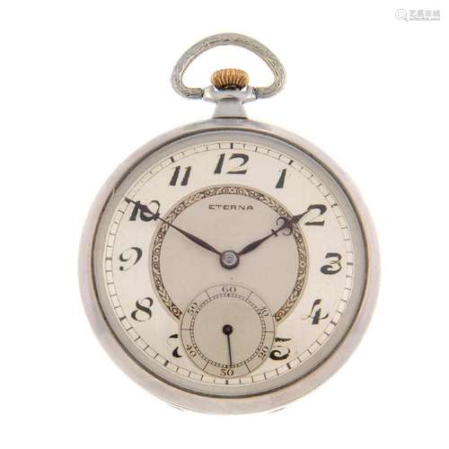 An open face pocket watch by Eterna. White metal case,