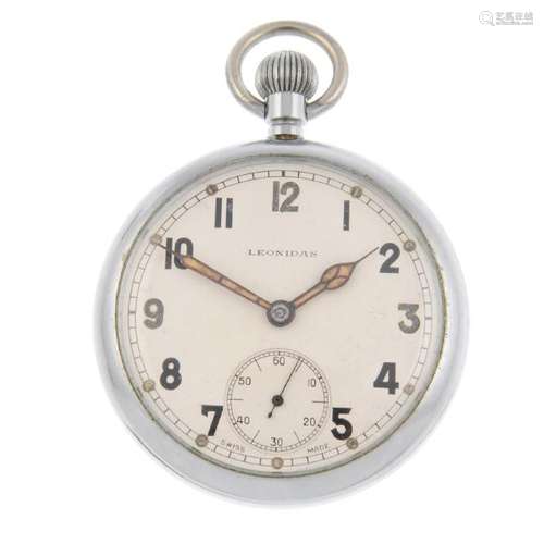 An open face military pocket watch by Leonidas. Nickel