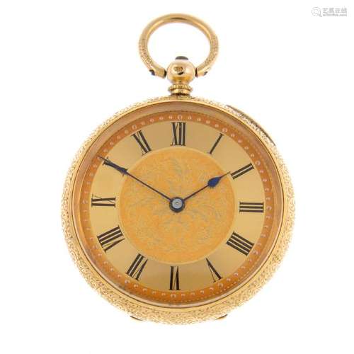 An open face pocket watch. Yellow metal case, stamped