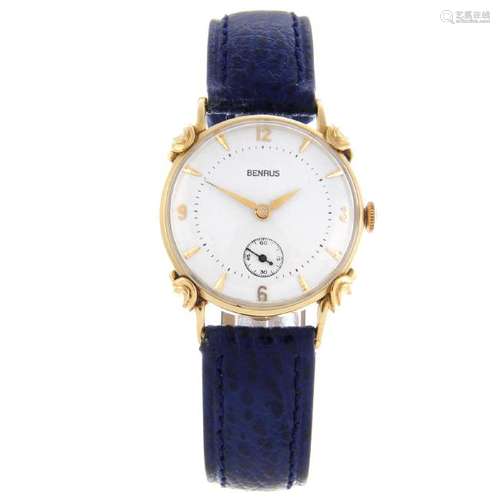 BENRUS - a mid-size wrist watch. Yellow metal case,