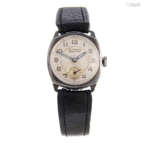 BUREN - a mid-size Grand Prix wrist watch. Silver case,