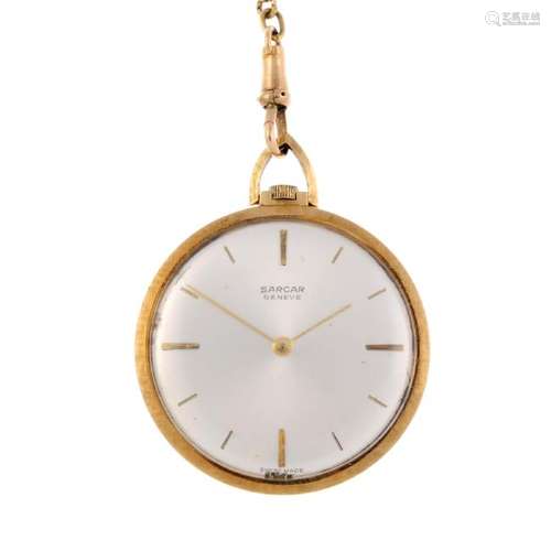 An open face pocket watch by Sarcar. Yellow metal case,