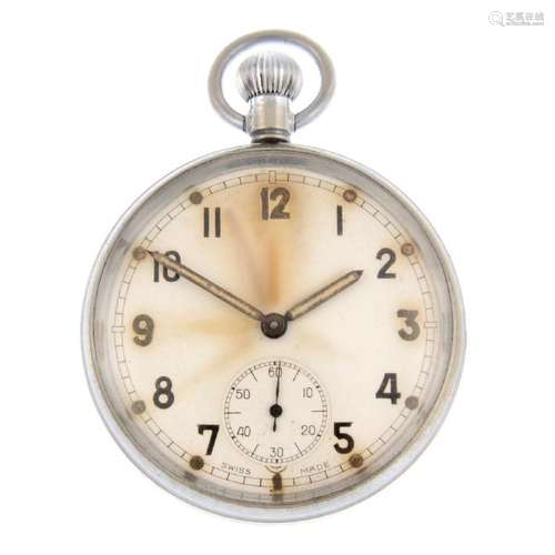 An open face military issue pocket watch. Nickel plated