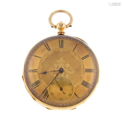 An open face pocket watch. Yellow metal case, stamped