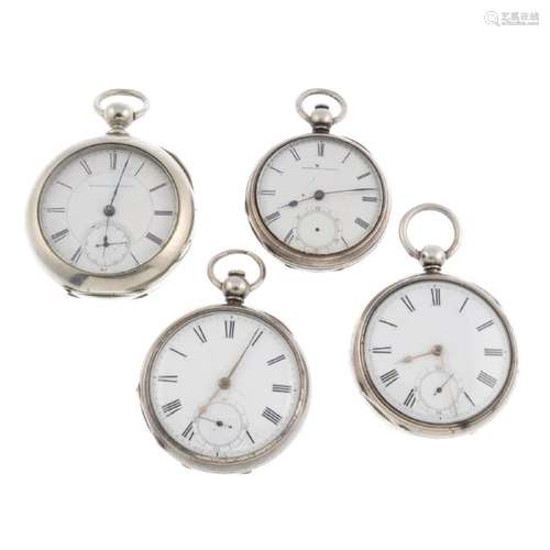 A group of four assorted white metal pocket watches.