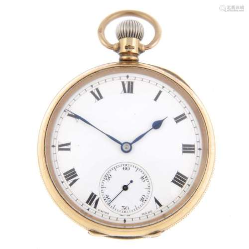 An open face pocket watch. 9ct yellow gold case,