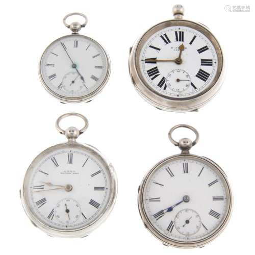 A group of four assorted silver pocket watches. All