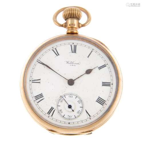 An open face pocket watch by Waltham. 9ct yellow gold