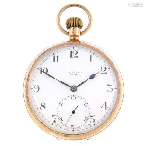 An open face pocket watch. 9ct yellow gold case,