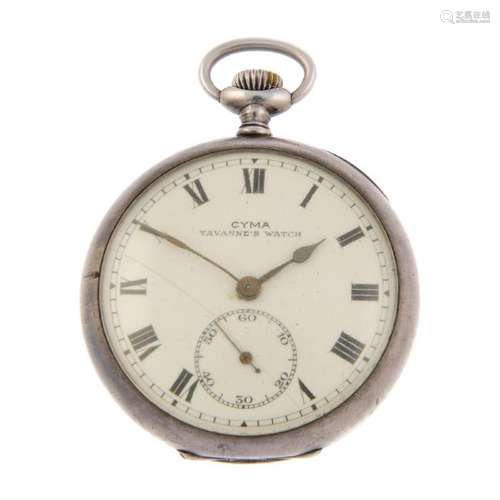 An open face pocket watch by Cyma. White metal case,