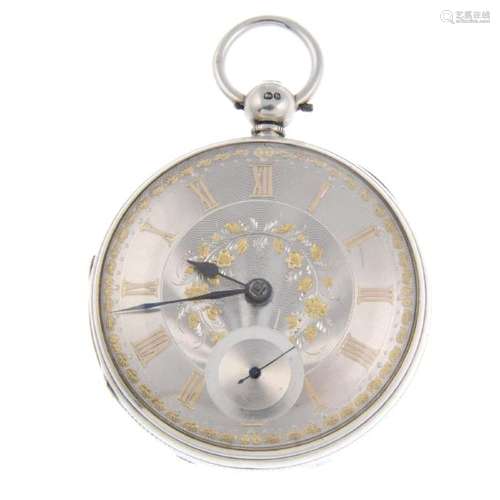 An open face pocket watch. Silver case, hallmarked