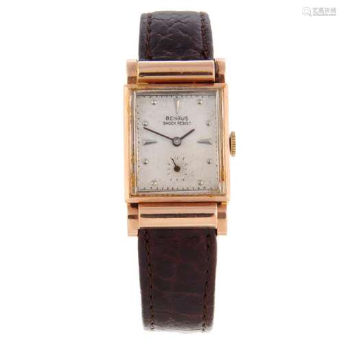 BENRUS - a wrist watch. Rose metal case, stamped 14K.