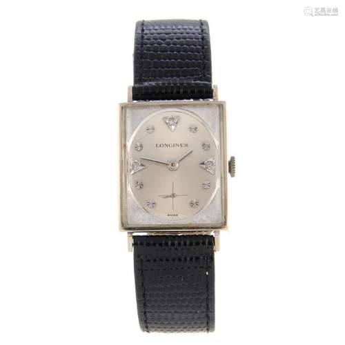 LONGINES - a wrist watch. White metal case, stamped 14