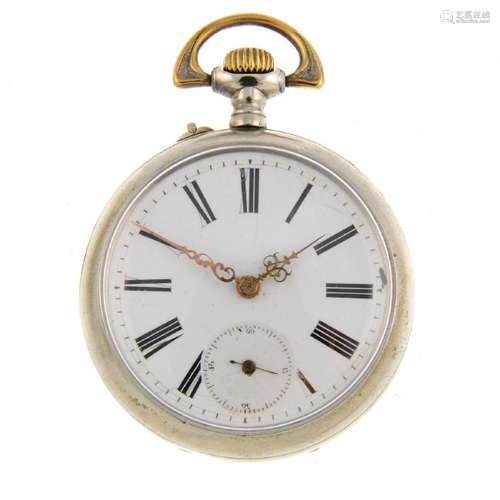 An open face pocket watch. White metal case. Unsigned