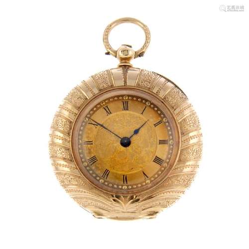 An open face fob watch. Yellow metal case, stamped 14K.