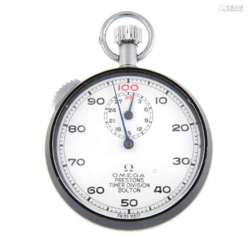 An open face sports timer by Omega. Nickel plated case