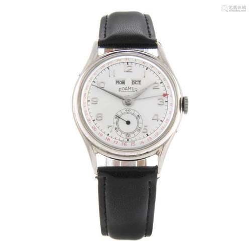 ROAMER - a mid-size triple date wrist watch. Nickel