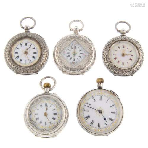 A group of five assorted white metal fob watches. All