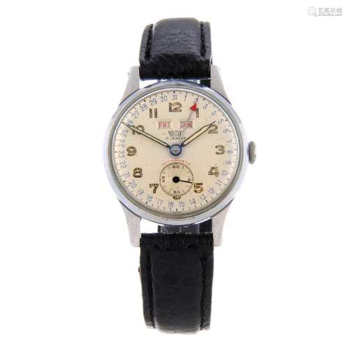 BRITIX - a mid-size triple date wrist watch. Nickel