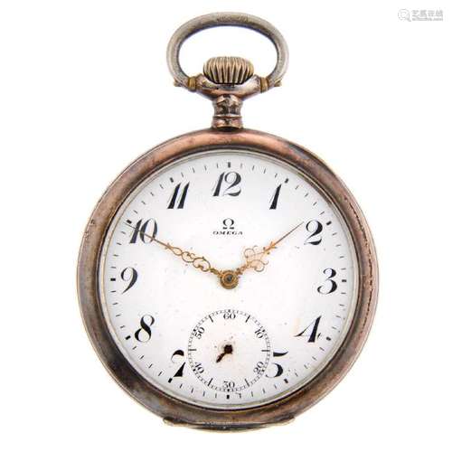 An open face pocket watch by Omega. White metal case,