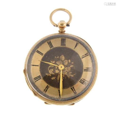 An open face pocket watch. Yellow metal case, stamped