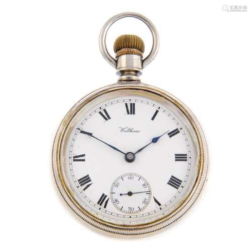 An open face pocket watch by Waltham. Silver case,