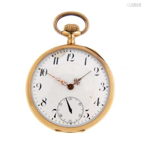 An open face pocket watch. Yellow metal case, rubbed