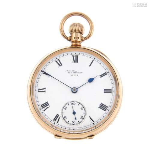 An open face pocket watch by Waltham. 9ct yellow gold