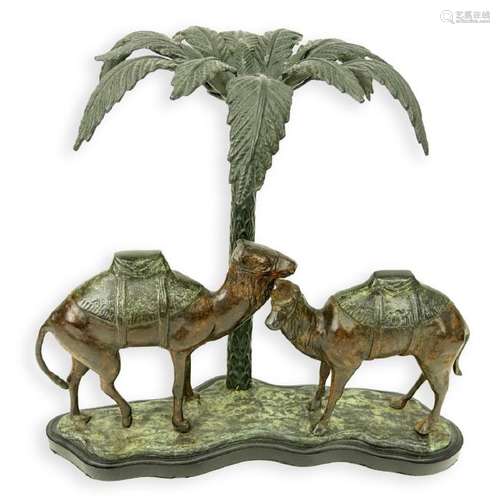 Polychrome Metal Palm Tree and Camel Sculpture