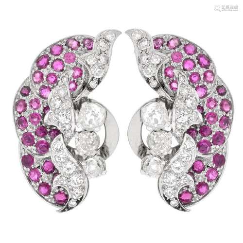 Antique Ruby, Diamond and Platinum Ear Clips