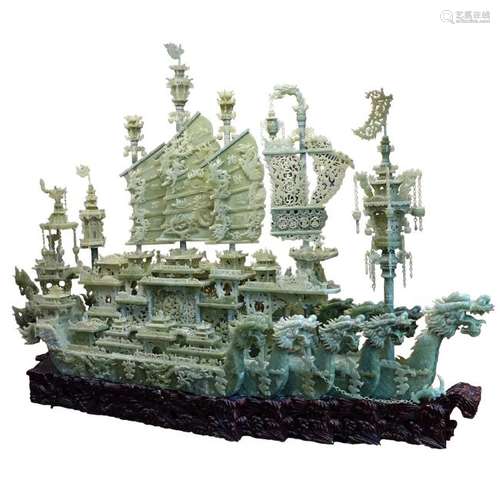 Monumental Chinese Jade Dragon Ship