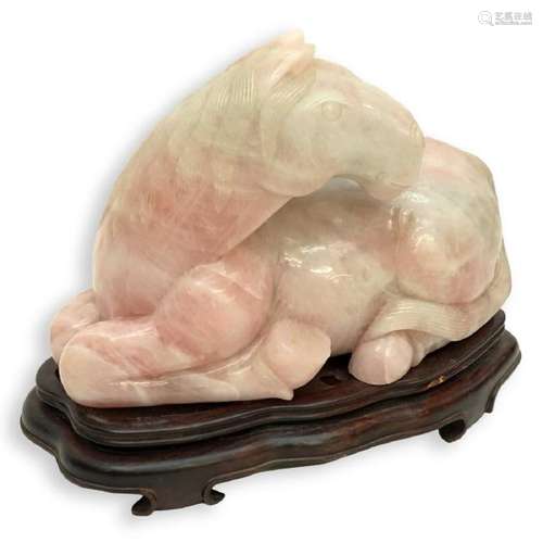 Large Chinese Carved Rose Quartz Recumbent Horse