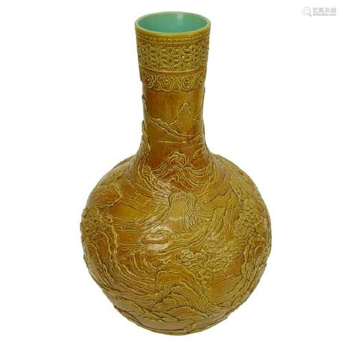 Chinese Yellow Glaze High Relief Porcelain Vase